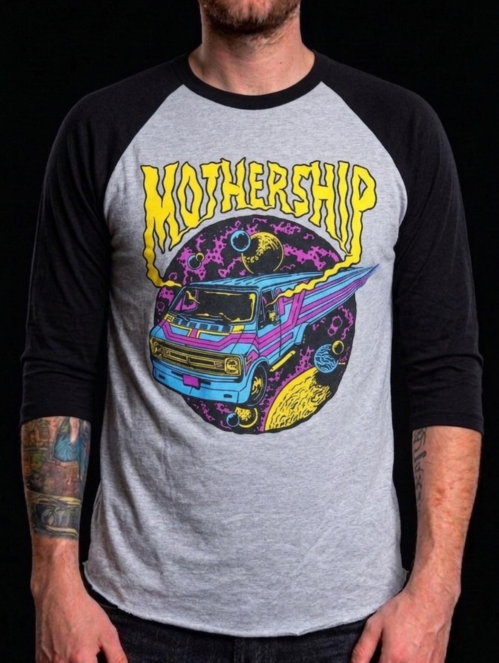 Mothership Band Space Van Raglan 3/4 Sleeve Graphic T-Shirt XL Heavy Rock